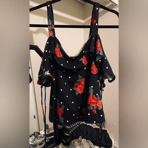 Pinup Polkadot & Rose Off Shoulder Top